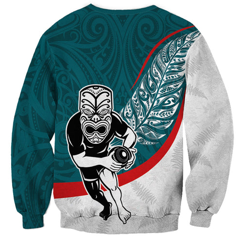Personalised Aotearoa Lawn Bowls Sweatshirt Maori Warrior and Silver Fern Sporty Style Teal