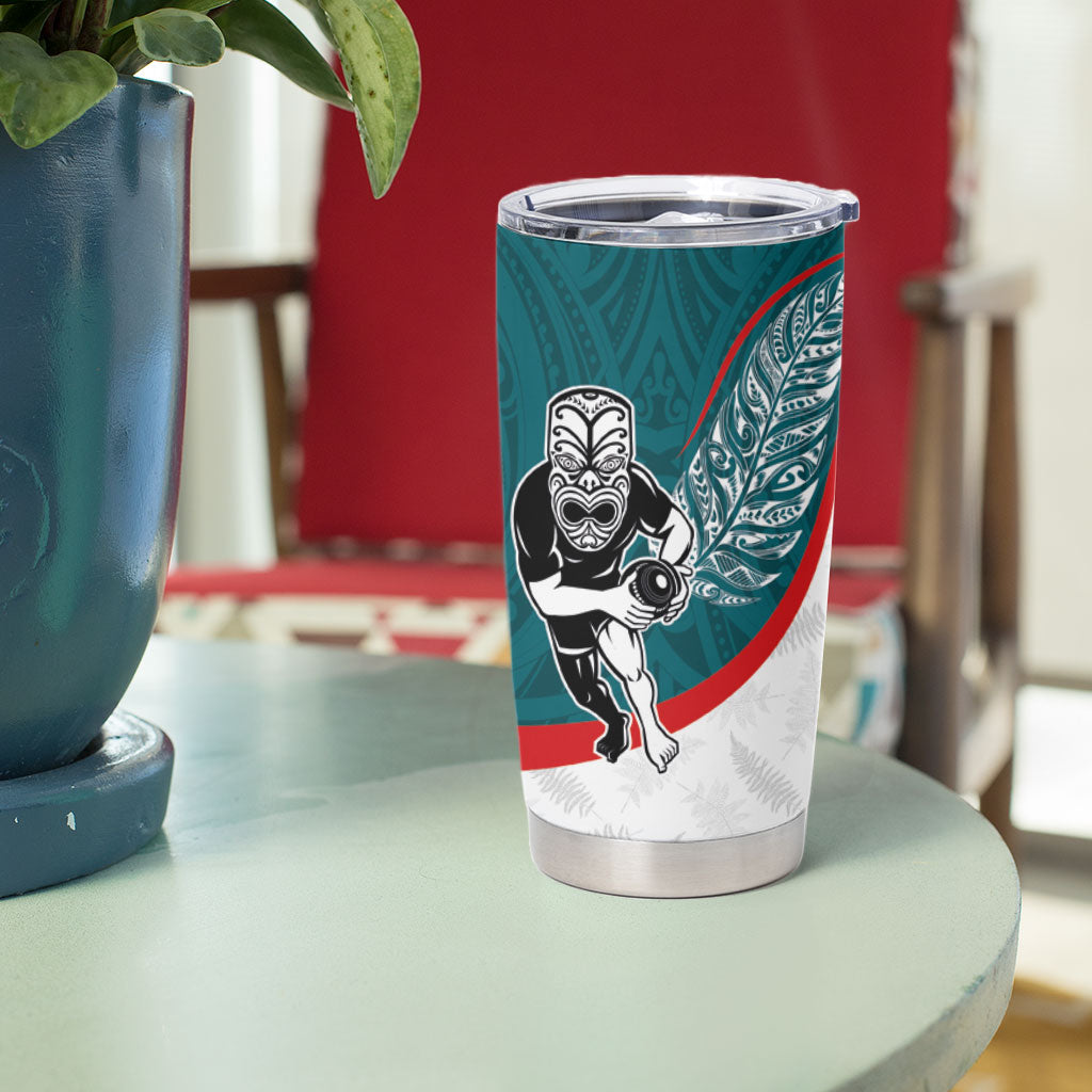 Personalised Aotearoa Lawn Bowls Tumbler Cup Maori Warrior and Silver Fern Sporty Style Teal