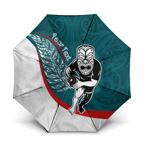 Personalised Aotearoa Lawn Bowls Umbrella Maori Warrior and Silver Fern Sporty Style Teal