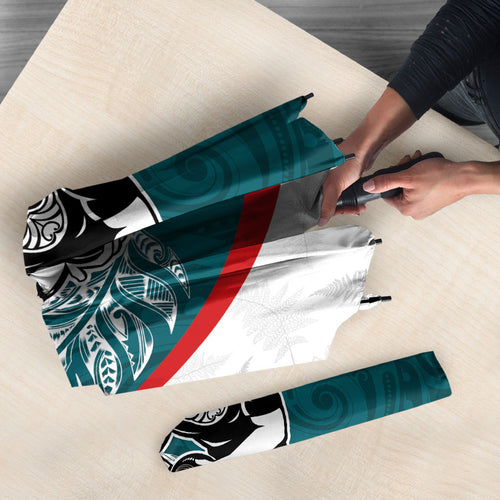 Personalised Aotearoa Lawn Bowls Umbrella Maori Warrior and Silver Fern Sporty Style Teal