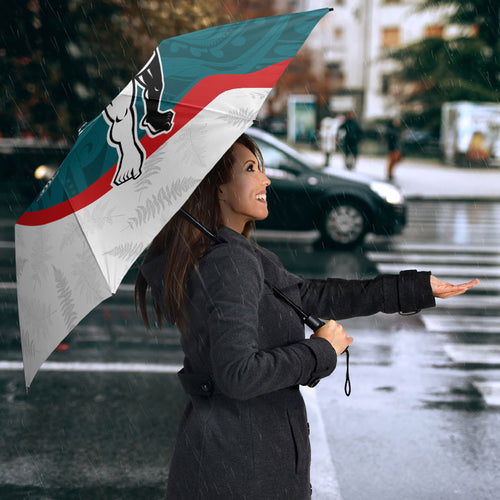 Personalised Aotearoa Lawn Bowls Umbrella Maori Warrior and Silver Fern Sporty Style Teal