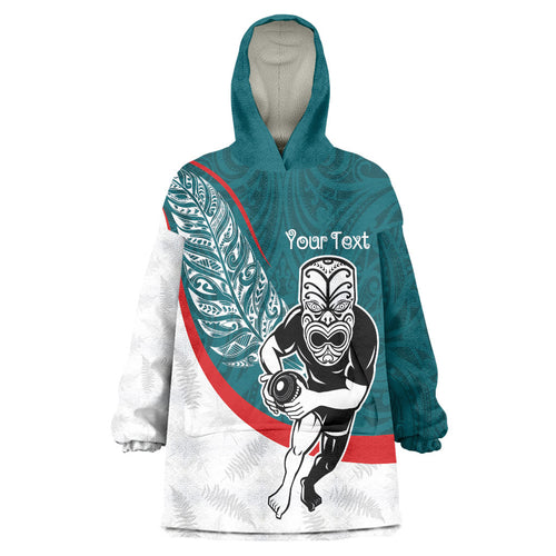 Personalised Aotearoa Lawn Bowls Wearable Blanket Hoodie Maori Warrior and Silver Fern Sporty Style Teal