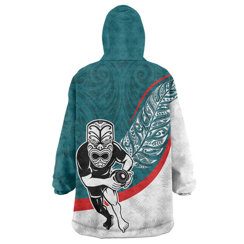 Personalised Aotearoa Lawn Bowls Wearable Blanket Hoodie Maori Warrior and Silver Fern Sporty Style Teal