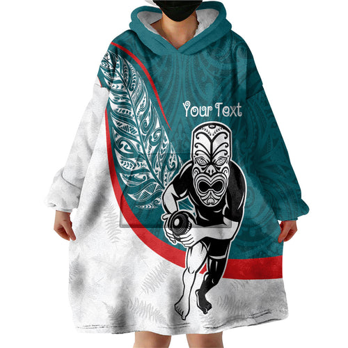 Personalised Aotearoa Lawn Bowls Wearable Blanket Hoodie Maori Warrior and Silver Fern Sporty Style Teal