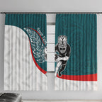 Personalised Aotearoa Lawn Bowls Window Curtain Maori Warrior and Silver Fern Sporty Style Teal