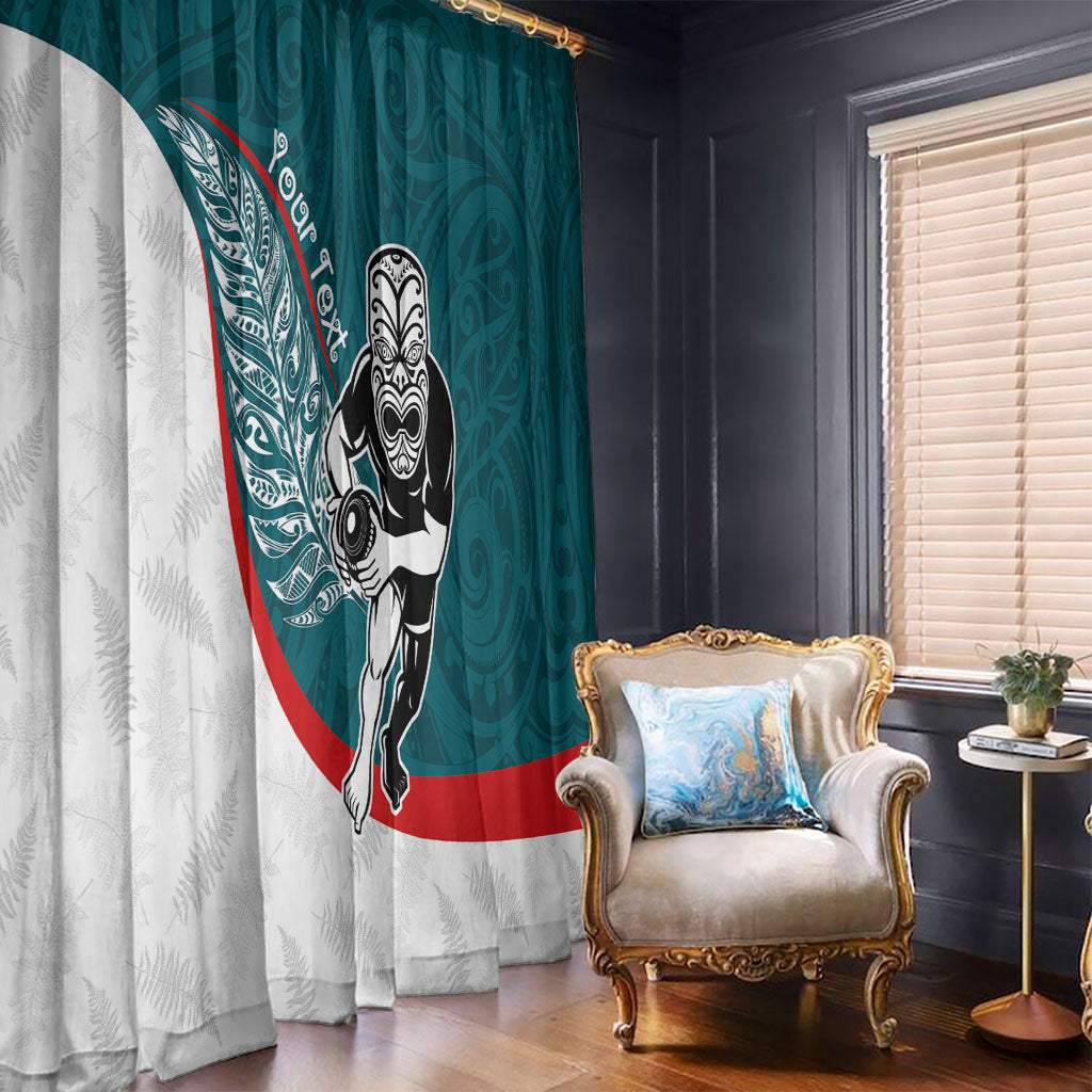 Personalised Aotearoa Lawn Bowls Window Curtain Maori Warrior and Silver Fern Sporty Style Teal