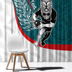 Personalised Aotearoa Lawn Bowls Window Curtain Maori Warrior and Silver Fern Sporty Style Teal