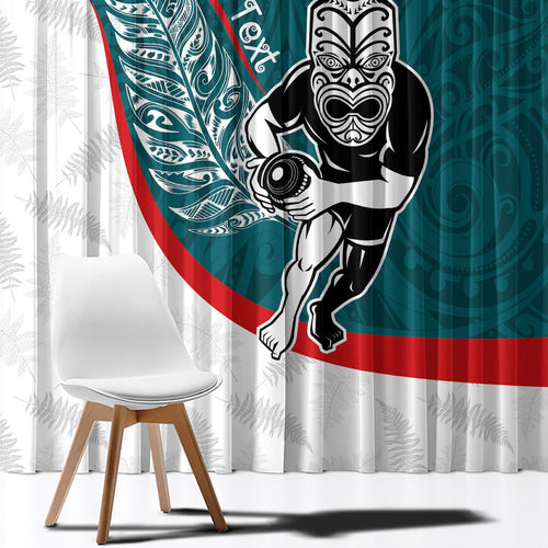 Personalised Aotearoa Lawn Bowls Window Curtain Maori Warrior and Silver Fern Sporty Style Teal