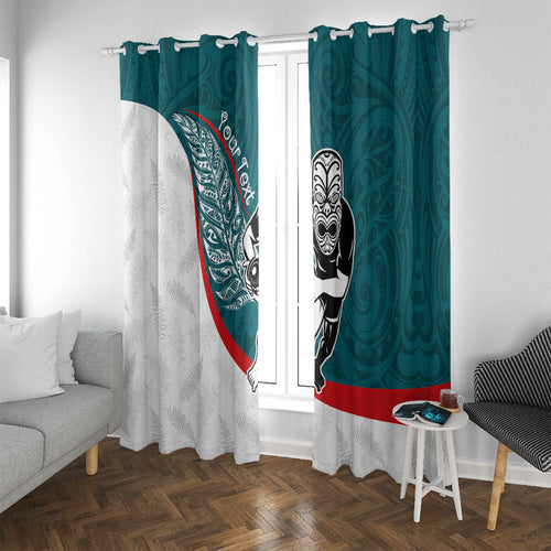 Personalised Aotearoa Lawn Bowls Window Curtain Maori Warrior and Silver Fern Sporty Style Teal