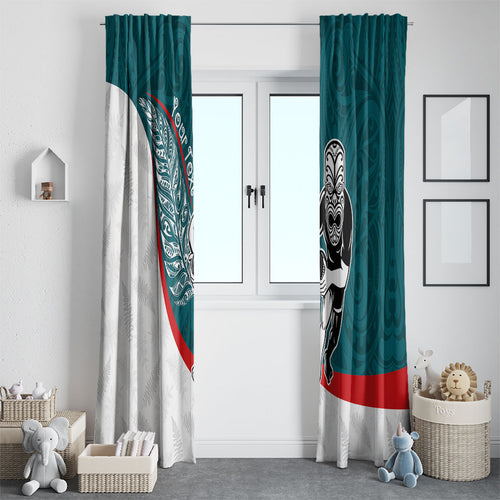 Personalised Aotearoa Lawn Bowls Window Curtain Maori Warrior and Silver Fern Sporty Style Teal