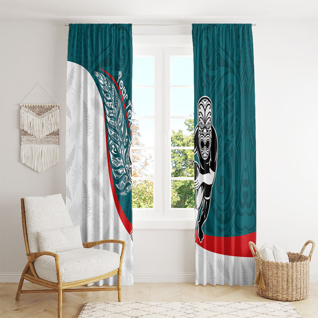 Personalised Aotearoa Lawn Bowls Window Curtain Maori Warrior and Silver Fern Sporty Style Teal