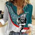 Personalised Aotearoa Lawn Bowls Women Casual Shirt Maori Warrior and Silver Fern Sporty Style Teal