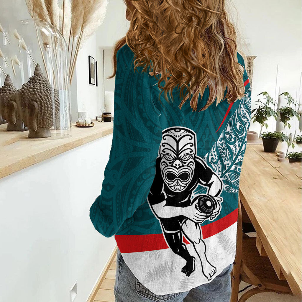 Personalised Aotearoa Lawn Bowls Women Casual Shirt Maori Warrior and Silver Fern Sporty Style Teal