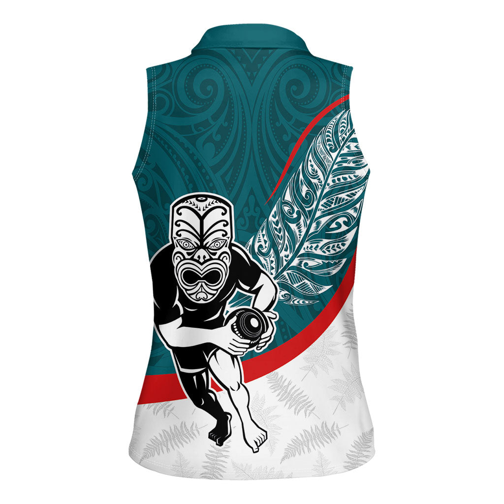 Personalised Aotearoa Lawn Bowls Women Sleeveless Polo Shirt Maori Warrior and Silver Fern Sporty Style Teal