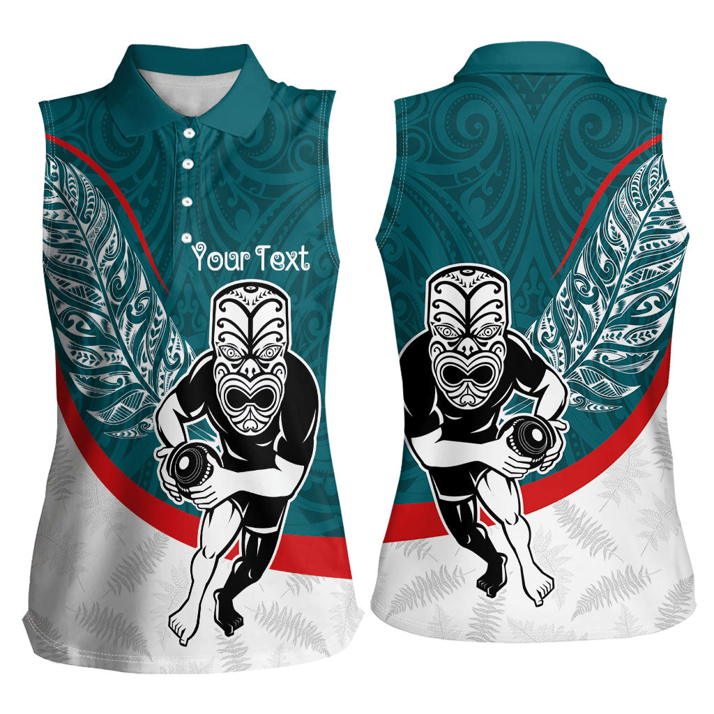 Personalised Aotearoa Lawn Bowls Women Sleeveless Polo Shirt Maori Warrior and Silver Fern Sporty Style Teal
