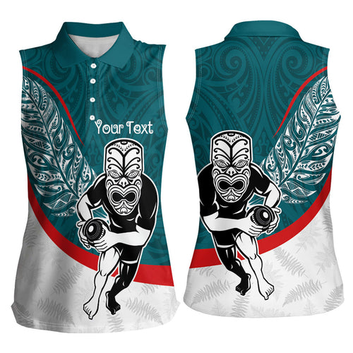 Personalised Aotearoa Lawn Bowls Women Sleeveless Polo Shirt Maori Warrior and Silver Fern Sporty Style Teal