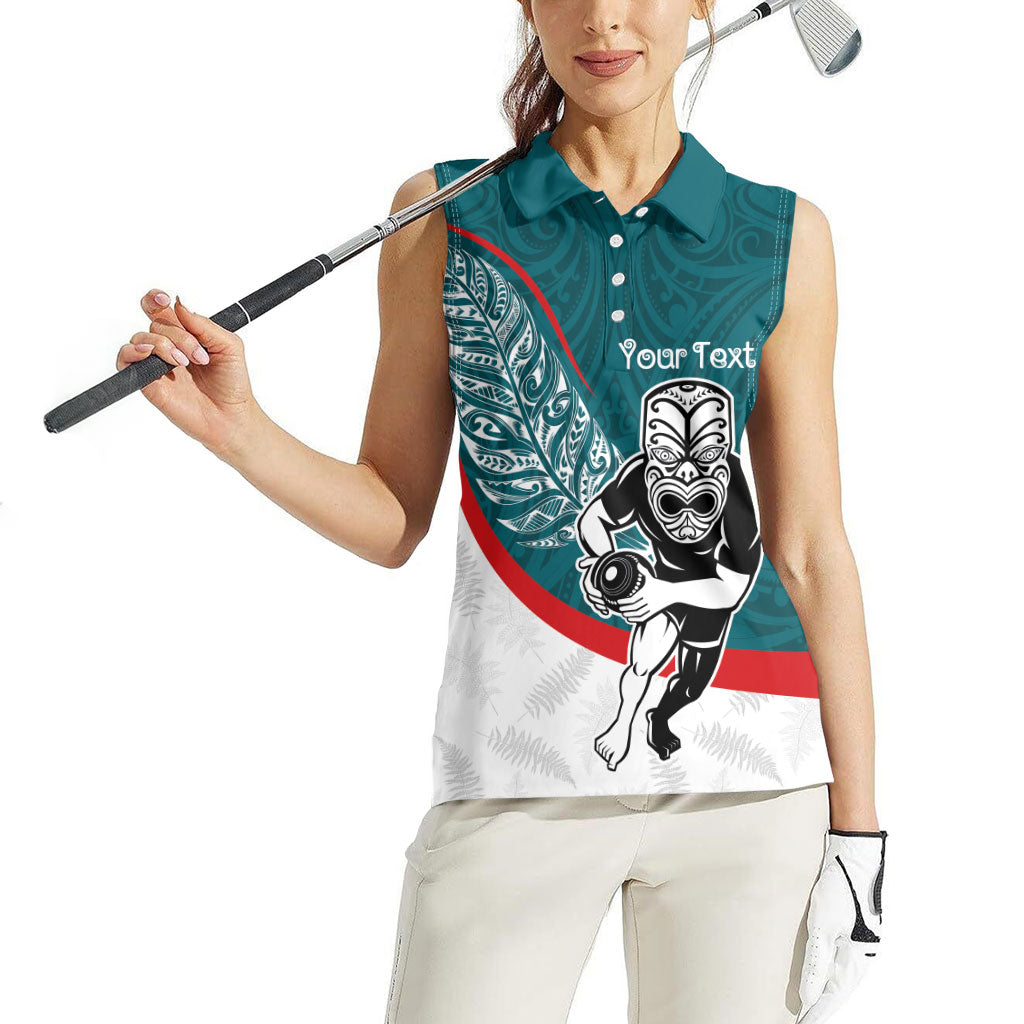Personalised Aotearoa Lawn Bowls Women Sleeveless Polo Shirt Maori Warrior and Silver Fern Sporty Style Teal