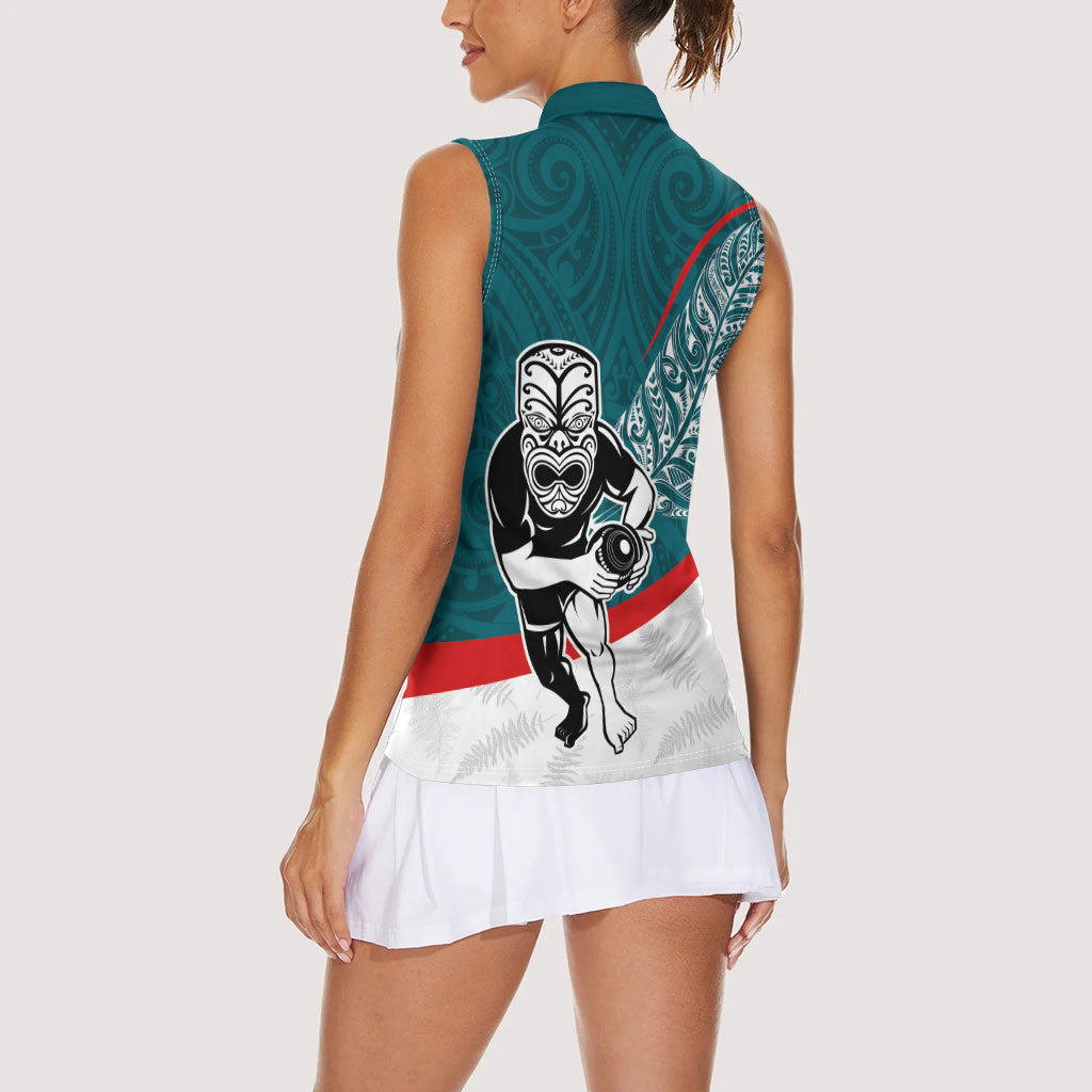 Personalised Aotearoa Lawn Bowls Women Sleeveless Polo Shirt Maori Warrior and Silver Fern Sporty Style Teal