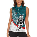 Personalised Aotearoa Lawn Bowls Women Sleeveless Polo Shirt Maori Warrior and Silver Fern Sporty Style Teal