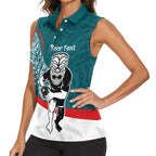 Personalised Aotearoa Lawn Bowls Women Sleeveless Polo Shirt Maori Warrior and Silver Fern Sporty Style Teal