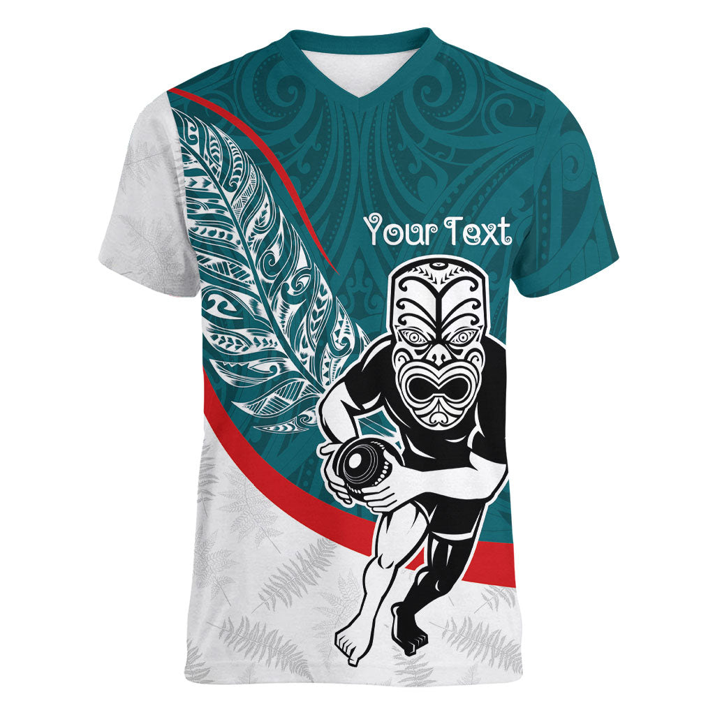 Personalised Aotearoa Lawn Bowls Women V-Neck T-Shirt Maori Warrior and Silver Fern Sporty Style Teal