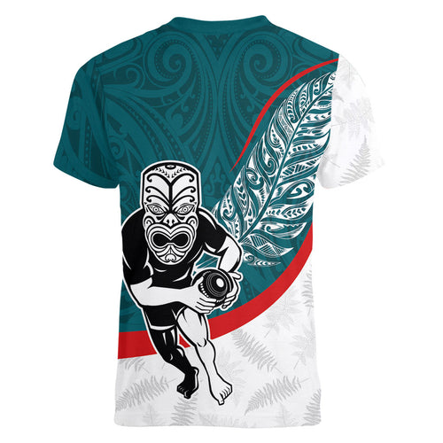 Personalised Aotearoa Lawn Bowls Women V-Neck T-Shirt Maori Warrior and Silver Fern Sporty Style Teal