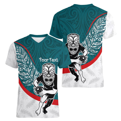 Personalised Aotearoa Lawn Bowls Women V-Neck T-Shirt Maori Warrior and Silver Fern Sporty Style Teal