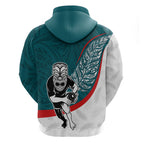 Personalised Aotearoa Lawn Bowls Zip Hoodie Maori Warrior and Silver Fern Sporty Style Teal