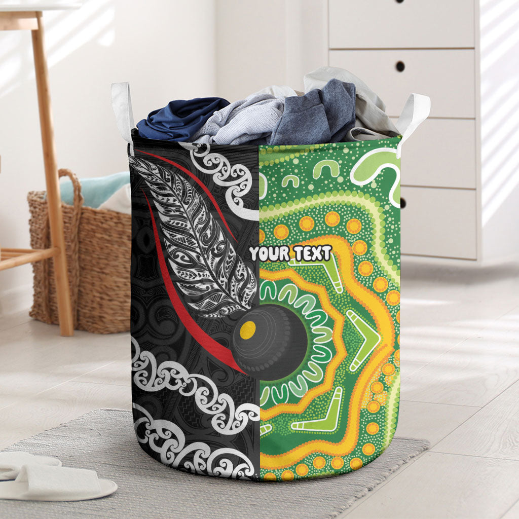 Personalised Aotearoa and Australia Lawn Bowls Laundry Basket Maori Fern and Aboriginal Pattern
