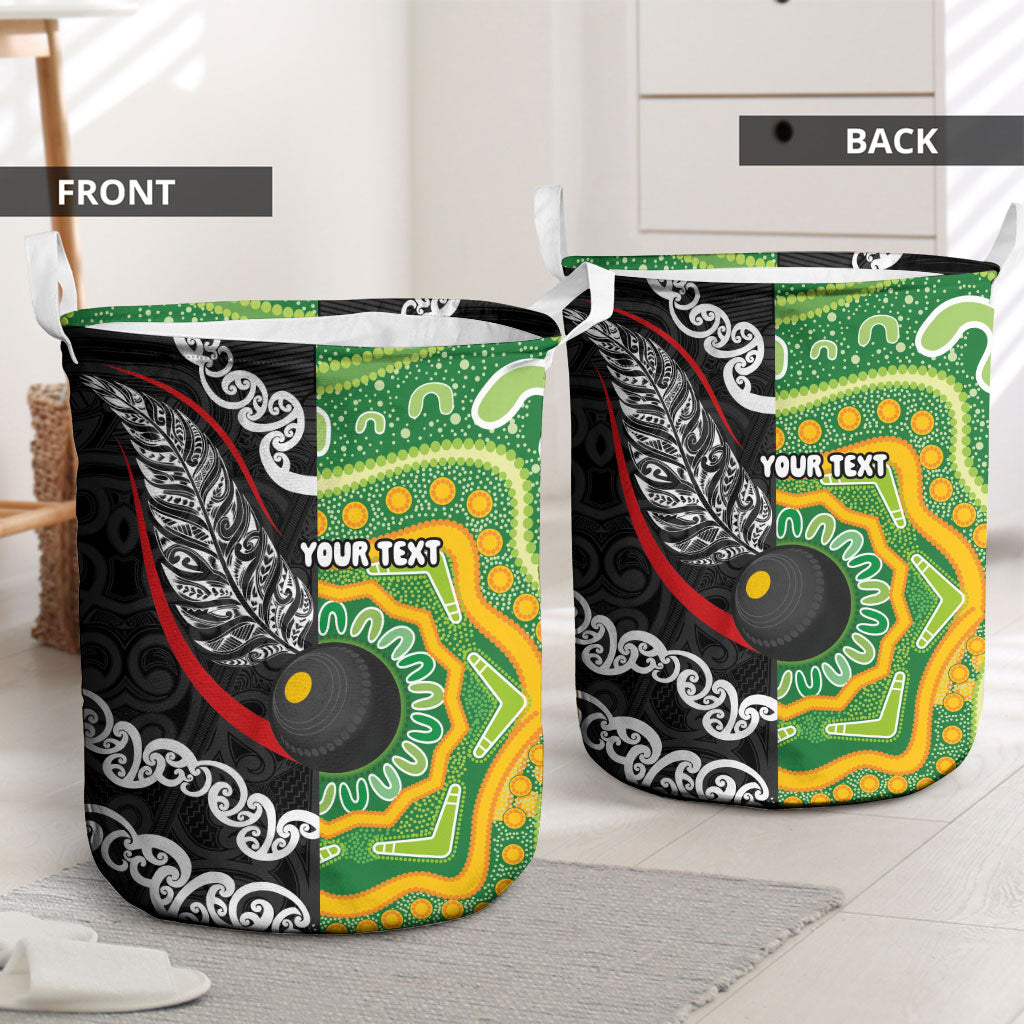 Personalised Aotearoa and Australia Lawn Bowls Laundry Basket Maori Fern and Aboriginal Pattern