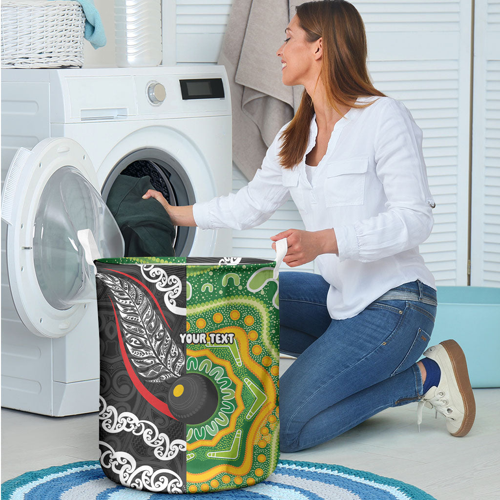 Personalised Aotearoa and Australia Lawn Bowls Laundry Basket Maori Fern and Aboriginal Pattern