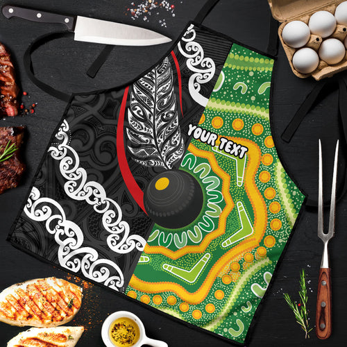 Personalised Aotearoa and Australia Lawn Bowls Apron Maori Fern and Aboriginal Pattern