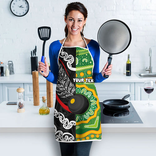 Personalised Aotearoa and Australia Lawn Bowls Apron Maori Fern and Aboriginal Pattern