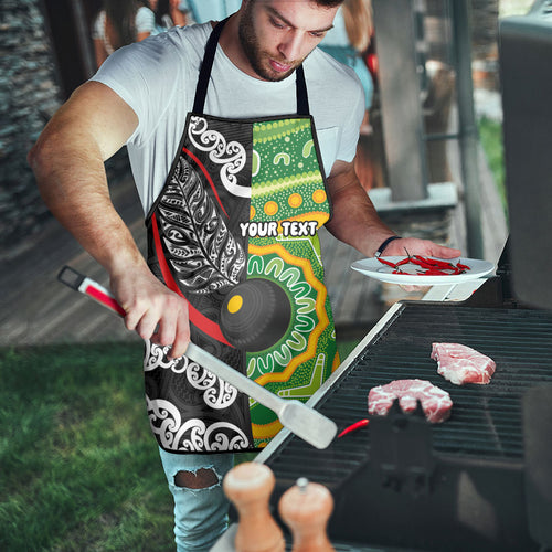 Personalised Aotearoa and Australia Lawn Bowls Apron Maori Fern and Aboriginal Pattern