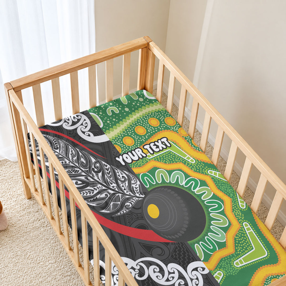 Personalised Aotearoa and Australia Lawn Bowls Baby Bed Cover Maori Fern and Aboriginal Pattern