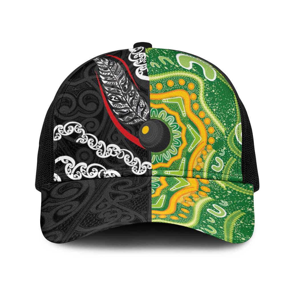 Aotearoa and Australia Lawn Bowls Baseball Net Cap Maori Fern and Aboriginal Pattern