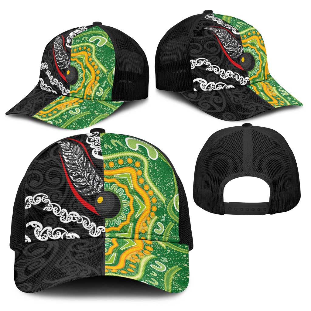 Aotearoa and Australia Lawn Bowls Baseball Net Cap Maori Fern and Aboriginal Pattern
