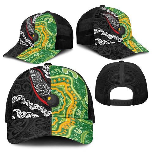 Aotearoa and Australia Lawn Bowls Baseball Net Cap Maori Fern and Aboriginal Pattern