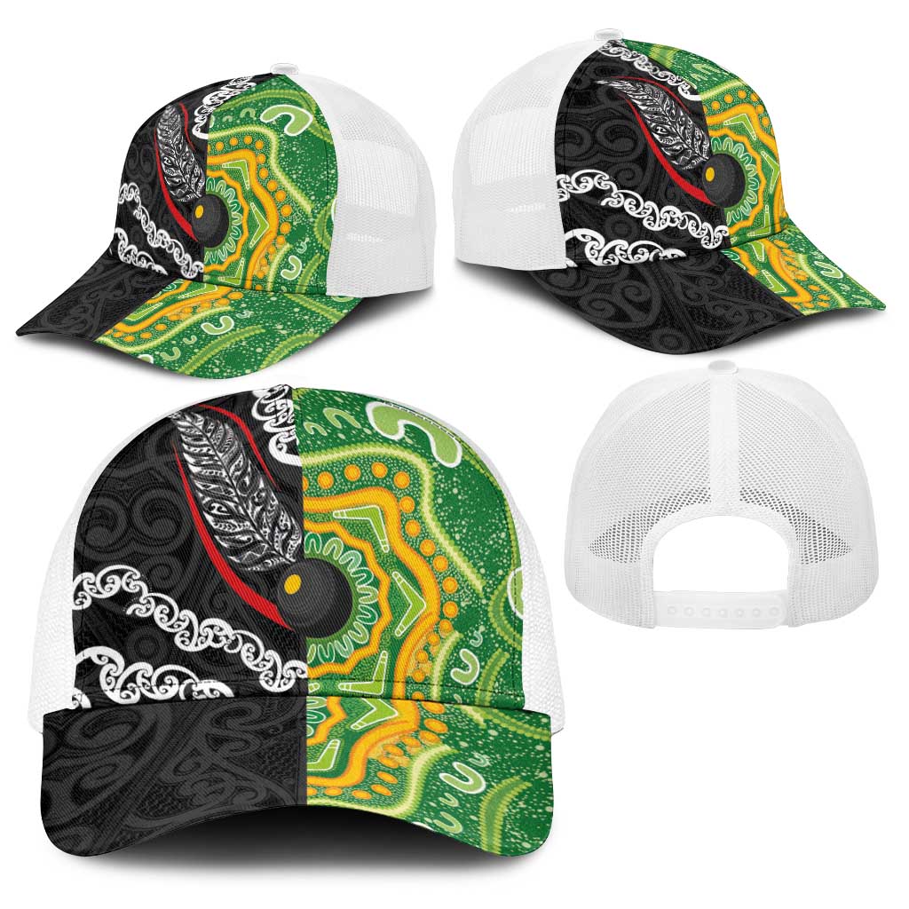 Aotearoa and Australia Lawn Bowls Baseball Net Cap Maori Fern and Aboriginal Pattern