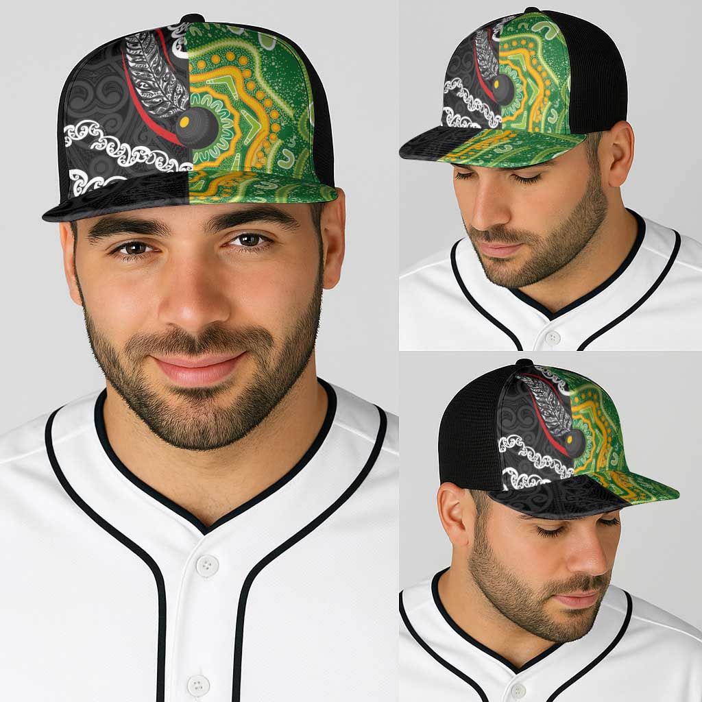 Aotearoa and Australia Lawn Bowls Baseball Net Cap Maori Fern and Aboriginal Pattern