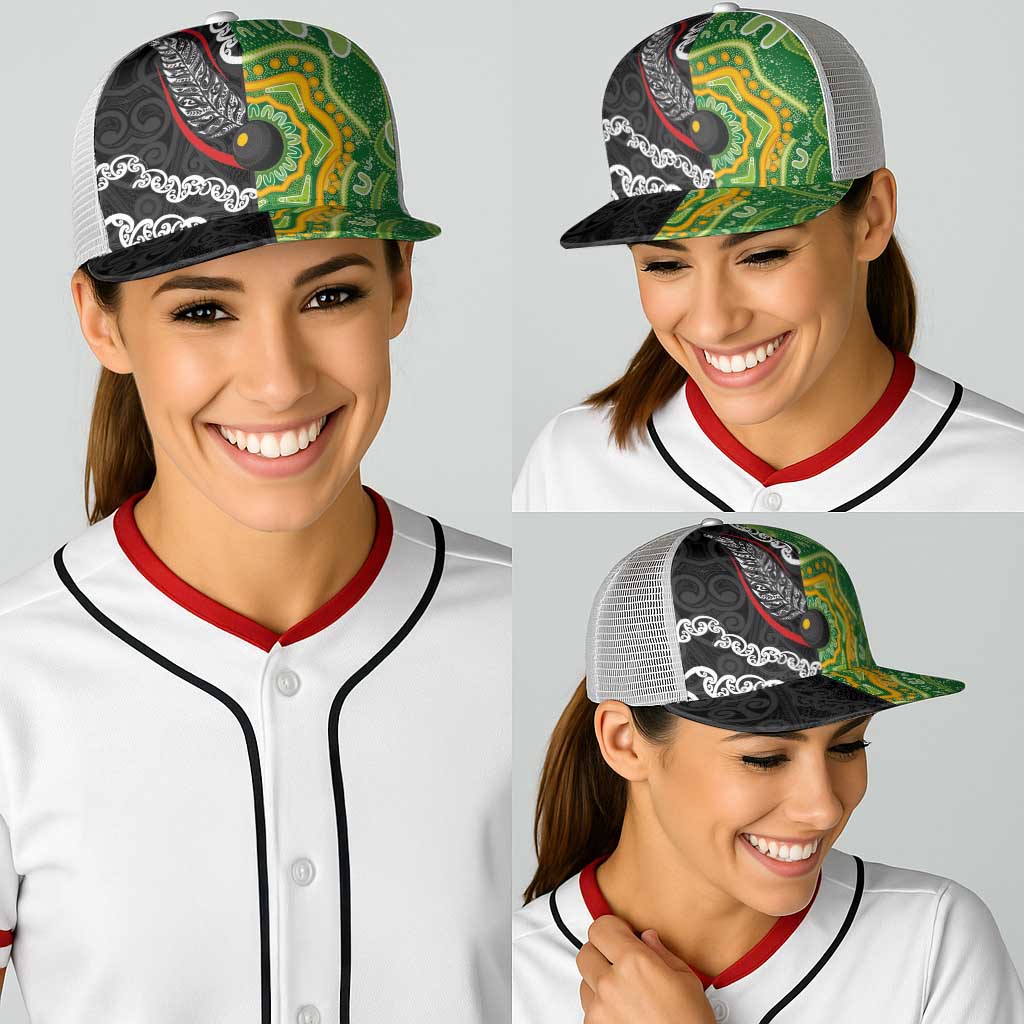 Aotearoa and Australia Lawn Bowls Baseball Net Cap Maori Fern and Aboriginal Pattern