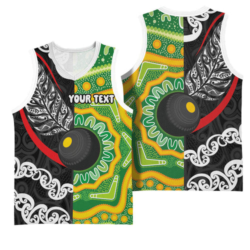 Personalised Aotearoa and Australia Lawn Bowls Basketball Jersey Maori Fern and Aboriginal Pattern