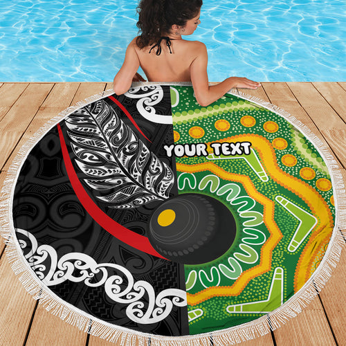 Personalised Aotearoa and Australia Lawn Bowls Beach Blanket Maori Fern and Aboriginal Pattern