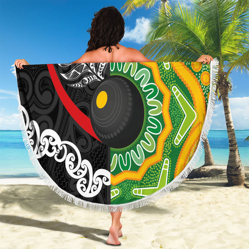 Personalised Aotearoa and Australia Lawn Bowls Beach Blanket Maori Fern and Aboriginal Pattern