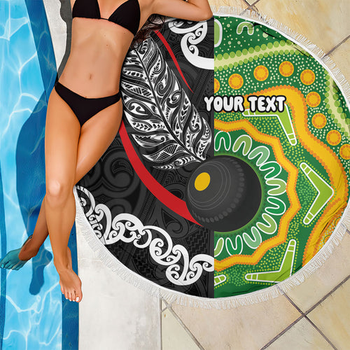 Personalised Aotearoa and Australia Lawn Bowls Beach Blanket Maori Fern and Aboriginal Pattern