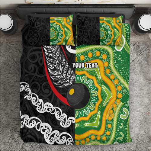 Personalised Aotearoa and Australia Lawn Bowls Bedding Set Maori Fern and Aboriginal Pattern