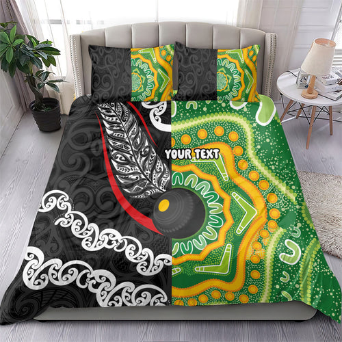 Personalised Aotearoa and Australia Lawn Bowls Bedding Set Maori Fern and Aboriginal Pattern