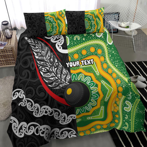 Personalised Aotearoa and Australia Lawn Bowls Bedding Set Maori Fern and Aboriginal Pattern