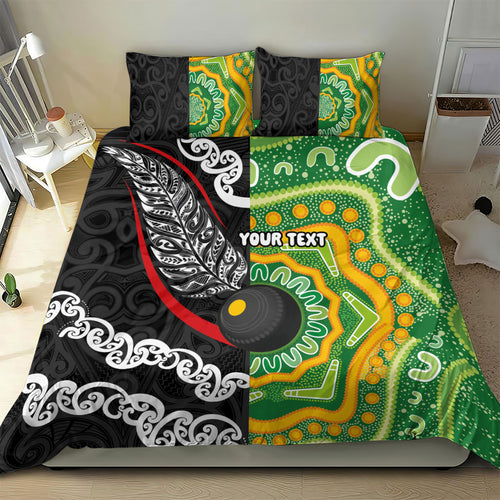 Personalised Aotearoa and Australia Lawn Bowls Bedding Set Maori Fern and Aboriginal Pattern