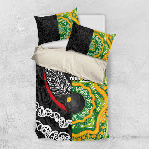 Personalised Aotearoa and Australia Lawn Bowls Bedding Set Maori Fern and Aboriginal Pattern